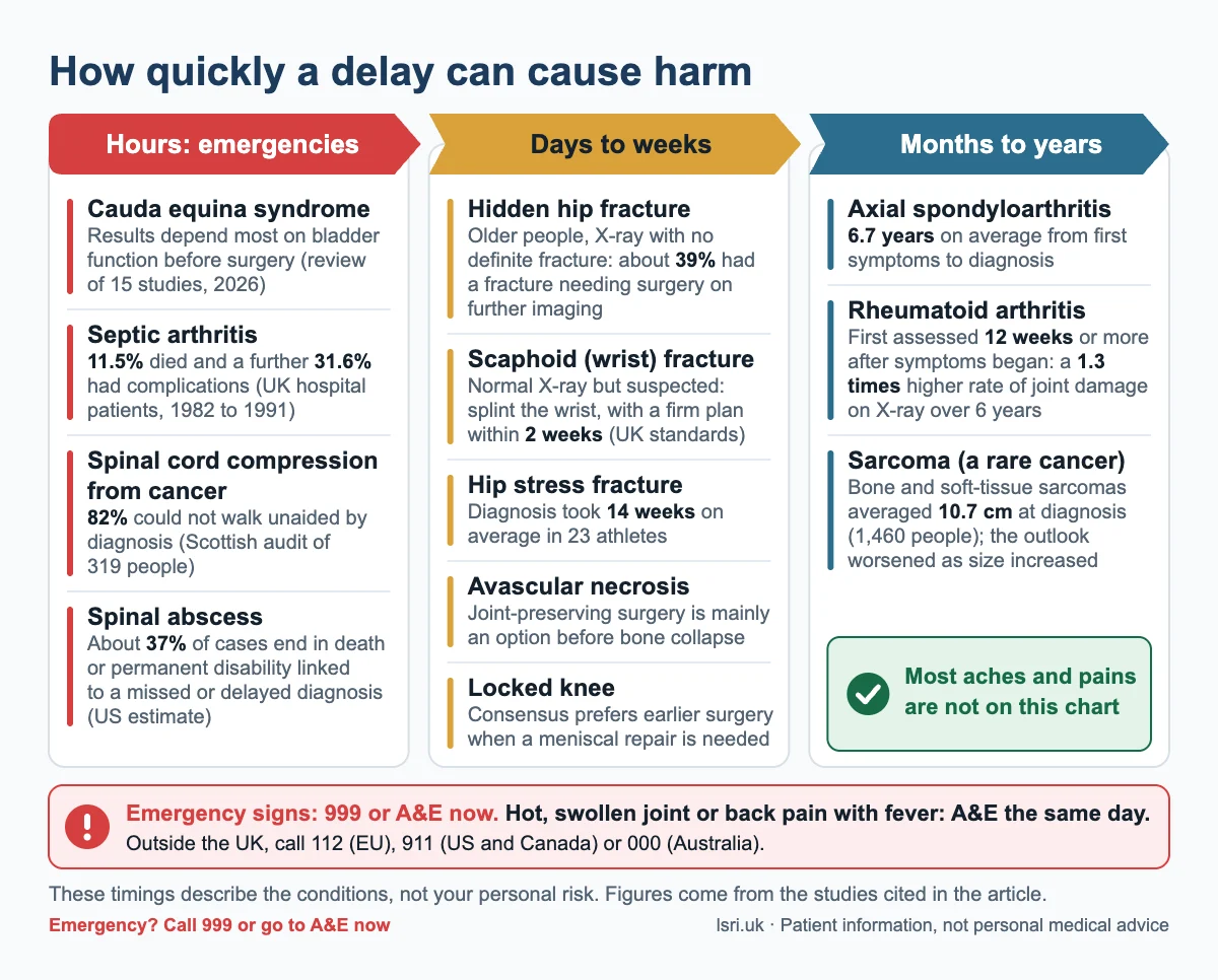 Why Is Early Imaging Important? What a Delayed Diagnosis Can Cost 1 Three-column chart of how quickly a late diagnosis can cause harm, from hours to years, showing which bone, joint and spine conditions make early imaging important