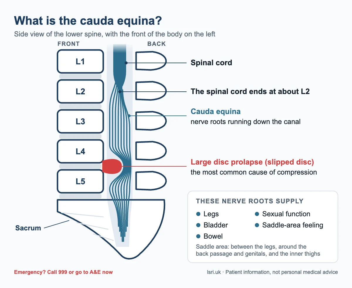 Cauda Equina Syndrome: Warning Signs and Why Hours Matter 1 Side-view diagram of the lower spine: the spinal cord ends at about L2, the cauda equina nerve roots run down the canal, and a slipped disc at L4/L5 presses on them