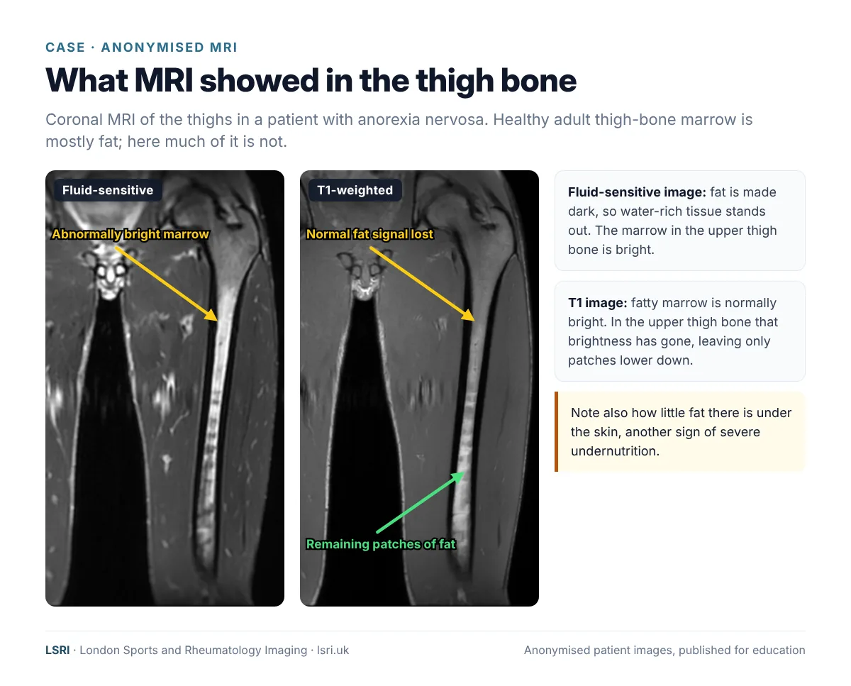 Gelatinous Bone Marrow Transformation in Anorexia Nervosa: What MRI Shows and Why It Matters 1 Anonymised coronal MRI of the thigh bone in anorexia nervosa: abnormally bright marrow on the fluid-sensitive image and loss of normal fatty marrow signal on T1, with remaining patches of fat. Anonymised case from LSRI, reviewed by Dr Prashant Sankaye, Consultant MSK Radiologist