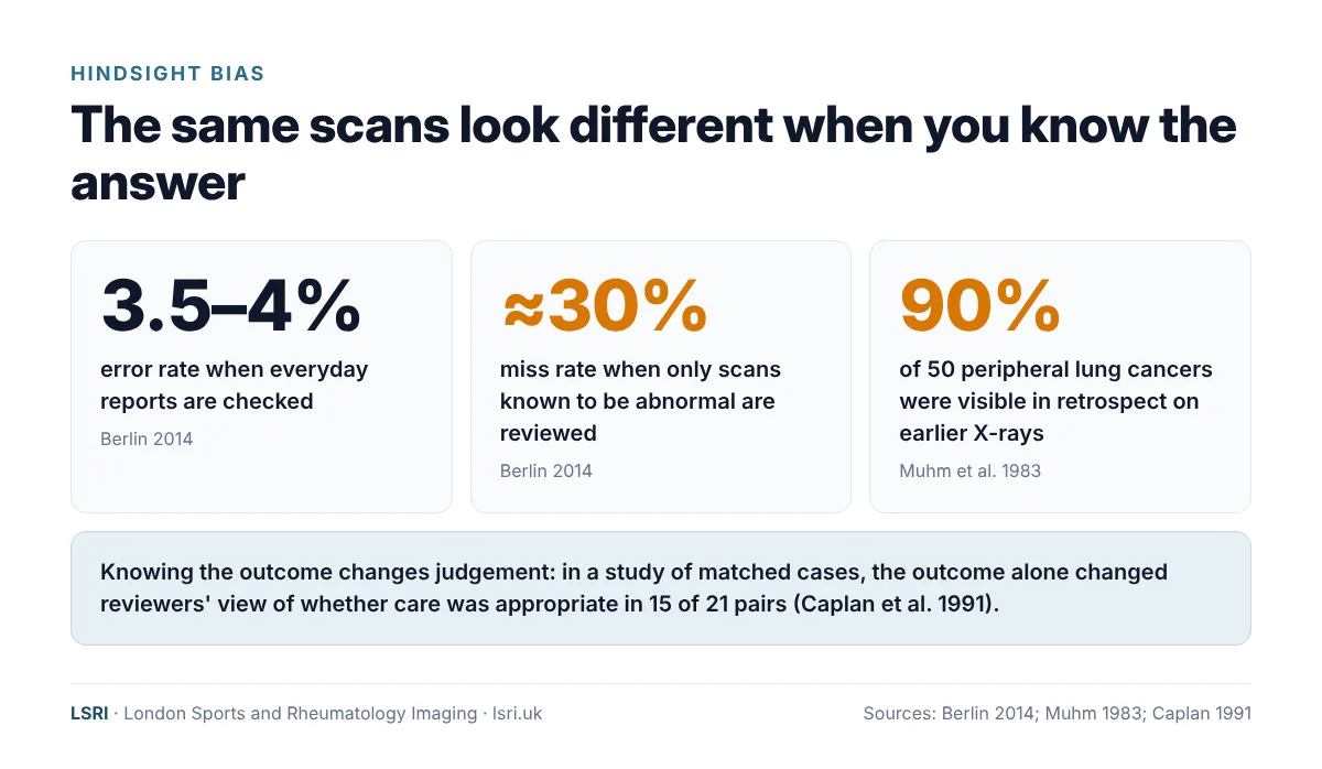 Think a Radiologist Missed Something on Your Scan? Why Every Scan Is Kept, and How Fair Review Works 1 Hindsight bias in radiology: 3.5 to 4% error rate in everyday checks versus about 30% when known abnormal scans are reviewed, and 90% of lung cancers visible in retrospect, reviewed by Dr Prashant Sankaye, Consultant MSK Radiologist