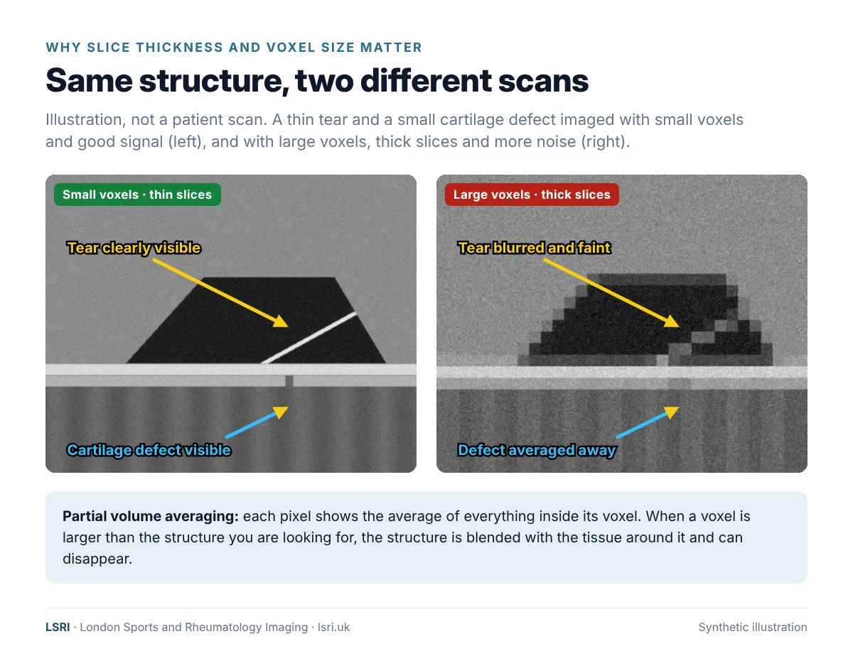 Is a Cheap MRI Scan Worth It? What Really Decides MRI Quality 1 Illustration of partial volume averaging: a simulated tear and cartilage defect visible with small voxels and thin slices, blurred or lost with large voxels and thick slices. LSRI patient guide reviewed by Dr Prashant Sankaye, Consultant MSK Radiologist
