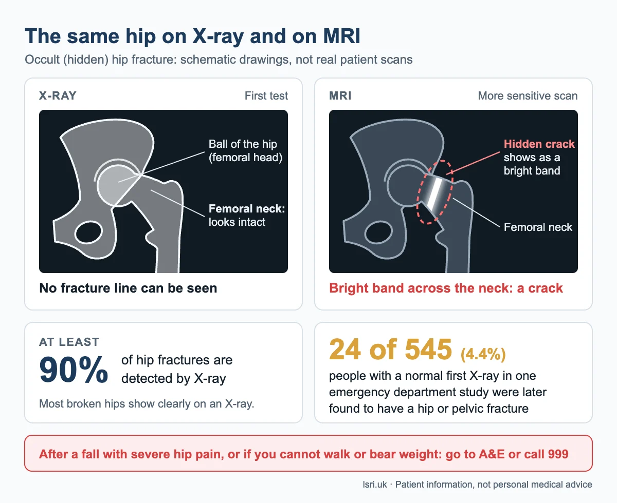 Occult hip fracture: the same hip drawn on X-ray with no visible break and on MRI with a bright band across the femoral neck, with figures on how often X-rays miss one