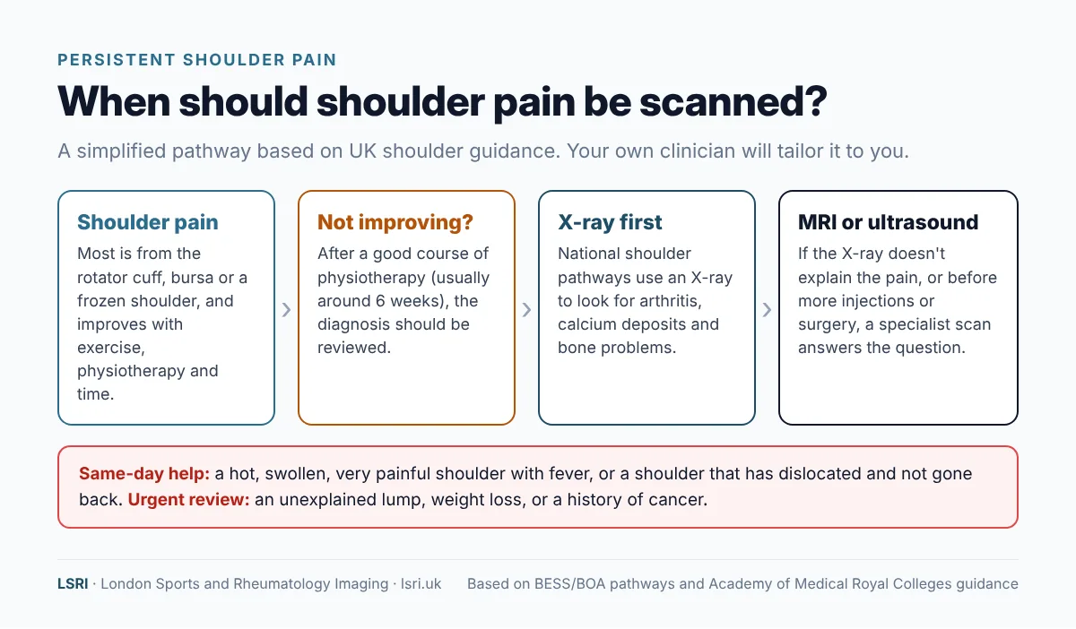 Simplified pathway for persistent shoulder pain: most improves with physiotherapy; if not, the diagnosis is reviewed, then X-ray and MRI or ultrasound