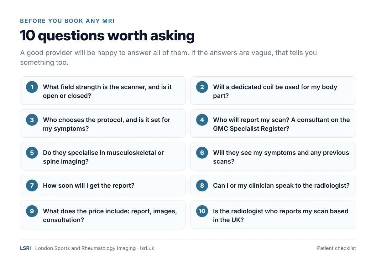 Is a Cheap MRI Scan Worth It? What Really Decides MRI Quality 4 Checklist of 10 questions to ask before booking an MRI scan, including who reports the scan and whether the radiologist is based in the UK, from LSRI's patient guide by Dr Prashant Sankaye, Consultant MSK Radiologist