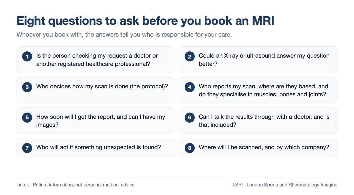 Booking a Private MRI Online? What to Check Before You Pay 2 Checklist of eight questions to ask before booking a private MRI, from who checks your request to who acts on unexpected findings